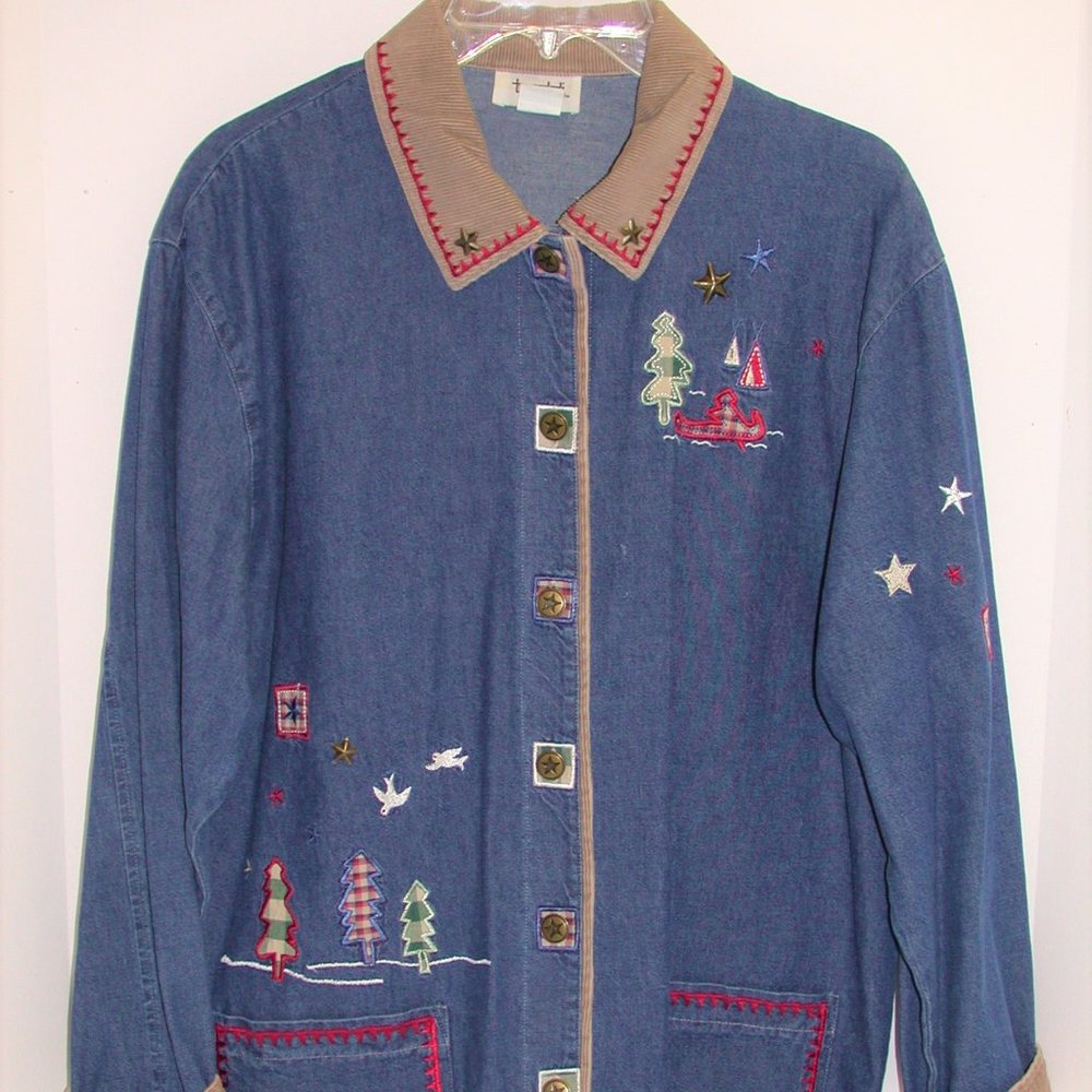 Teddi Denim Embroidered & Appliqued Button Front Jacket Corduroy Trim ~ Size XL